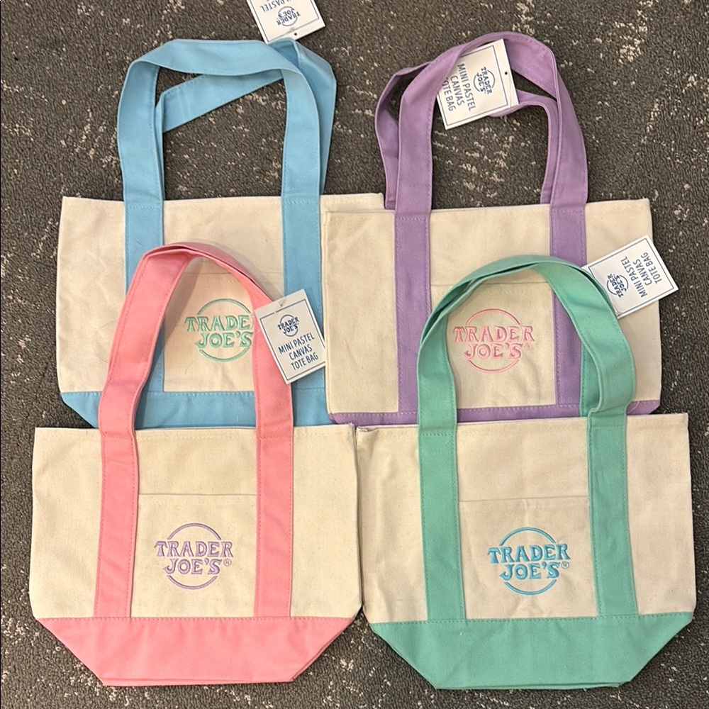 Set of 4 Trader Joe’s Canvas Mini Tote Bag - Pink, Purple, Green, Blue